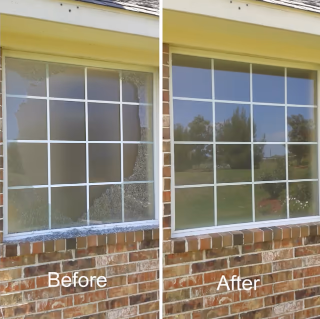 Shattered residential window replaced with new clear glass in the existing frame