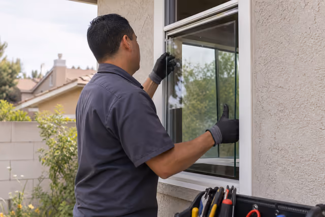 Glass technician setting a new pane into a residential window frame