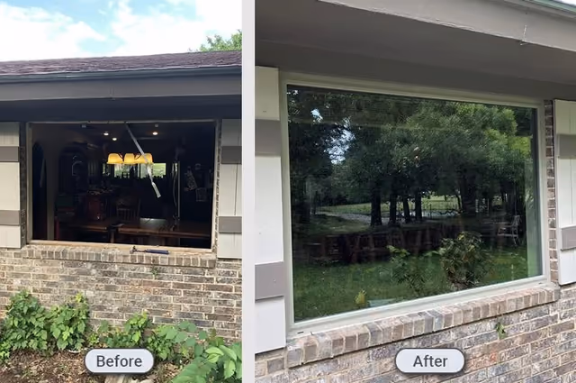 Before and after of a residential picture window installed in a brick home